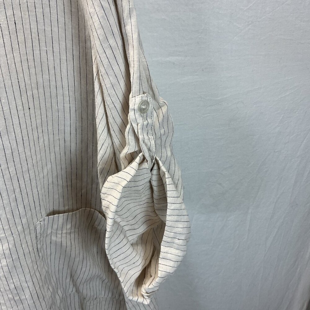 Le Paris Petit Linen pocket oversized tunic dress ivory striped‎ 3/4 sleeve MED - Picture 3 of 13
